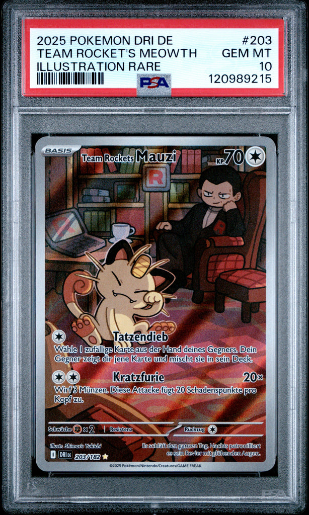 Team Rocket's Meowth 2025 203 German PSA 10 (POP 11)